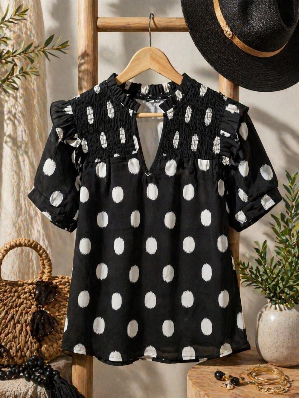 Black & White Polka Dot Blouse – V-Neck Ruffle Sleeve | Size Medium NWOT